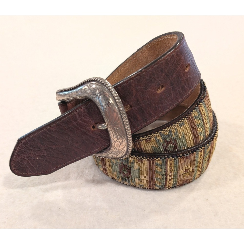 Orvis Leather & Woven Western Belt Men's Size 36 Engraved Silver Buckle